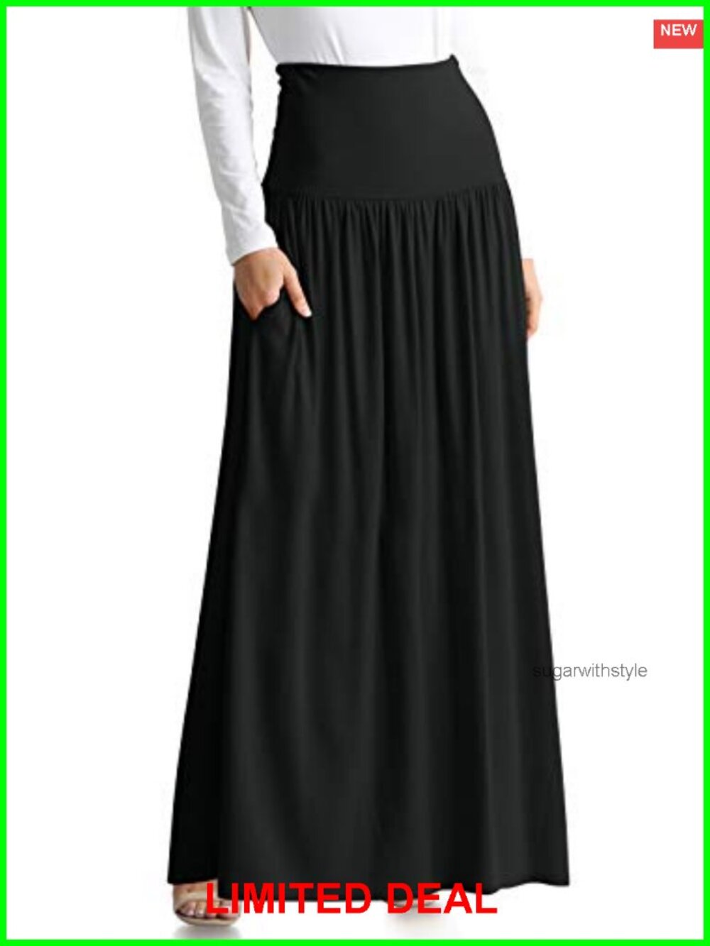 A-Line Maxi Skirt Ankle Length Fold-Over Waistband Side Pockets